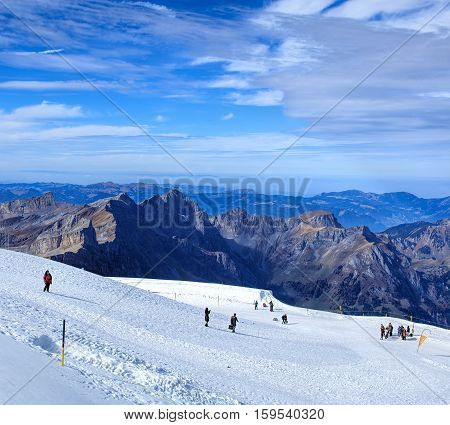 Mt. Titlis, Switzerland - 12 October, 2015: view on the top of the mountain. Mount Titlis is a mountain of the Uri Alps located on the border between the Swiss Cantons of Obwalden and Bern.