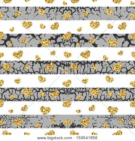 Gold grunge hearts craquelure stripes seamless pattern. Golden glitter confetti. White and black background. Love Valentine day wedding design card wallpaper wrapping textile Vector Illustration