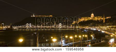 Budapest in the night, the castle, the Liberty statue and the Danube