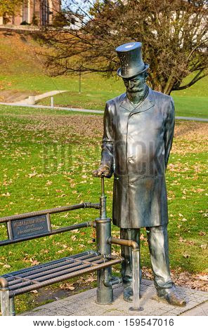 WARSAW, POLAND - NOVEMBER 4, 2016: the monument to sir William Heerlein Lindley in the centre of Warsaw, the English civil engineer who performed water and sewer facilities in Warsaw.