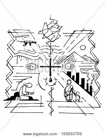 Hand drawn vector illustration or drawing of a religious Cross and other symbols representing some of the world problems
