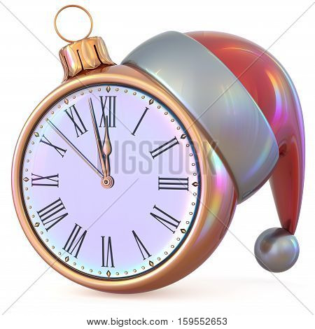 Christmas ball New Year's Eve cloc kmidnight hour countdown time Santa Claus hat decoration ornament gold red adornment. Traditional happy wintertime holiday future beginning pressure. 3d illustration