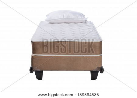 Twin bed frame with soft mattress and white pillow isolated on white background