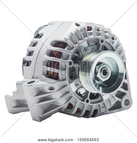 Power generator or alternator isolated on white background. Car engine parts.