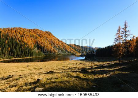 Mountain panorama from Italian Alps. Reflections on water from 