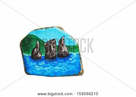 Stone painting. Three brothers. Kamchatka, Avacha Bay. Handmade -- stone painting. On a white background. Insulated.