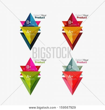 Set of triangle option infographic layouts. Select your product concept, make a choice idea