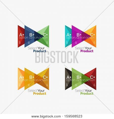 Set of triangle option infographic layouts. Select your product concept, make a choice idea