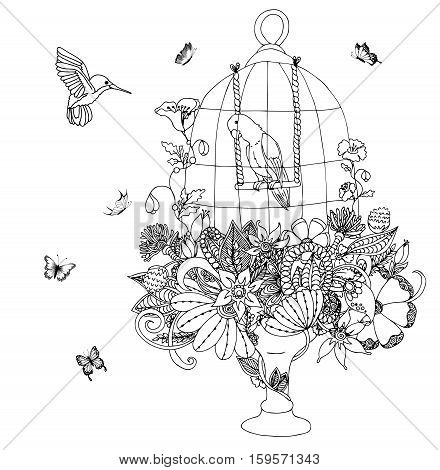 Vector illustration zentangle cage with a parrot and flowers. Colibri. Coloring book anti stress for adults. Black and white.