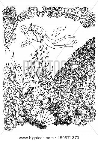 Diver in ocean with many fishes. Vector image in black and white.