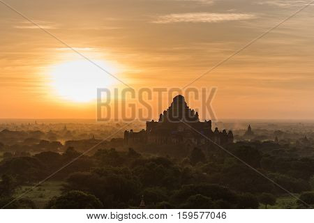 Sunrise and silhouette of Dhammayangyi pagoda, Bagan, Myanmar