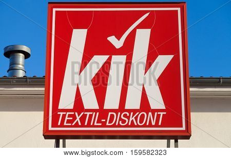 HANNOVER / GERMANY - NOVEMBER 27 2016: german KiK brand name on a store. KiK is a German textile discount store chain headquartered in Boenen