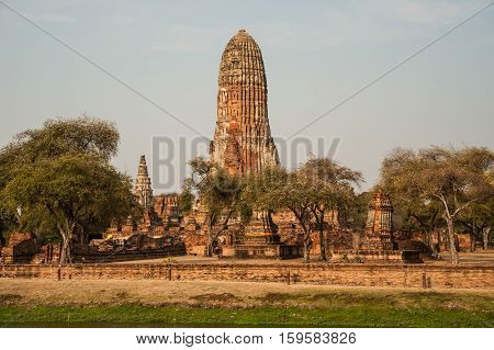 AYUTTHAYA,THAILAND-APRIL 14,2016 :Scenic view of the towering prang of Wat Phra Ram. Built in 1369 on the site of the first Ayutthaya king's cremation, Ayutthaya Historical Park in Middle of Thailand.