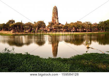 AYUTTHAYA,THAILAND-APRIL 14,2016 :Scenic view of the towering prang of Wat Phra Ram. Built in 1369 on the site of the first Ayutthaya king's cremation, Ayutthaya Historical Park in Middle of Thailand.
