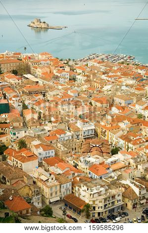Bird's-eye View Of Nafplion Center, A Greek Town At Peloponnese Peninsula. Photo Taken From The Pala