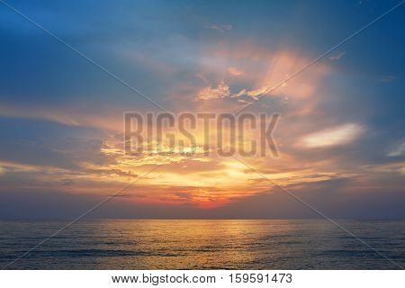 Beautiful blue sky over the sea at tropical sunset beach in the evening. Leam Sadej Beach Chanthaburi Thailand. copy space or background.