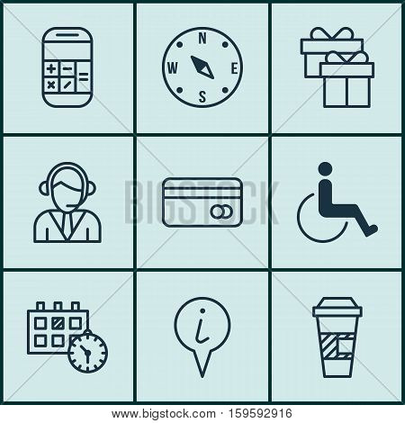 Set Of 9 Transportation Icons. Can Be Used For Web, Mobile, UI And Infographic Design. Includes Elements Such As Gift, Paralyzed, Compass And More.