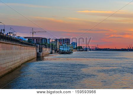 Volga Embankment In Astrakhan At Sunset