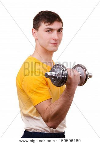 Man exercising with dumbbells. Muscular strong guy lifting heavy weights. Bodybuilding. Isolated on white