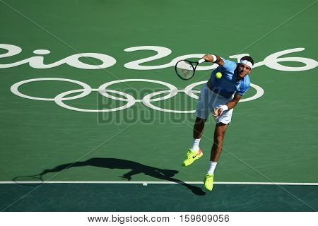 RIO DE JANEIRO, BRAZIL - AUGUST 13, 2016: Grand Slam champion Juan Martin Del Potro of Argentina in action during his semifinal match of the Rio 2016 Olympic Games at the Olympic Tennis Centre