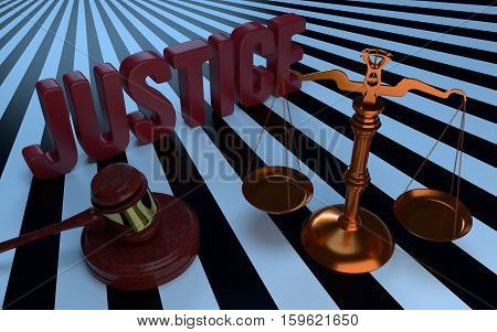 Justice text Libra and judges gavel. 3d illustration