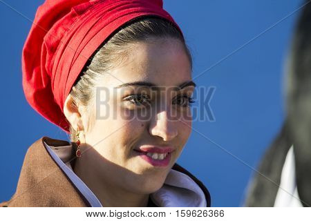 CAGLIARI, ITALY - May 1, 2015: 359 Religious Procession of Sant'Efisio - Sardinia - portrait of a beautiful girl in traditional Sardinian costume