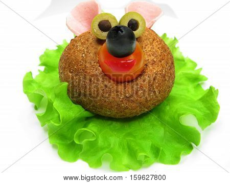creative sandwich with cheese and salame bear shape