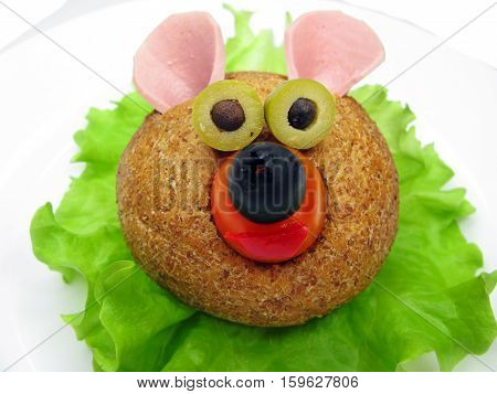 creative sandwich with cheese and salame bear shape