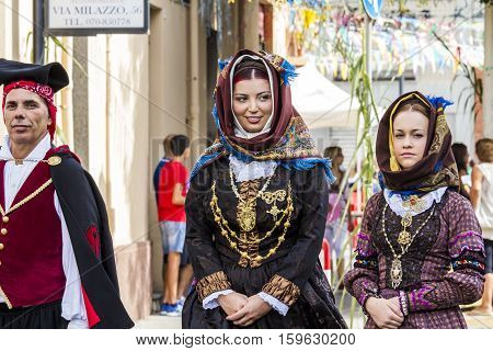 SELARGIUS, ITALY - September 13, 2015: Former marriage Selargino - Sardinia - group of people in traditional Sardinian costume