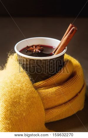 Christmas Drink. Mulled Red Wine In A Paper Cup With Black Karit