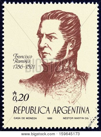 ARGENTINA - CIRCA 1986: A stamp printed in Argentina from the "100th anniversary of the Birth of Independence. Heroes " issue shows General Francisco Ramirez, circa 1986.
