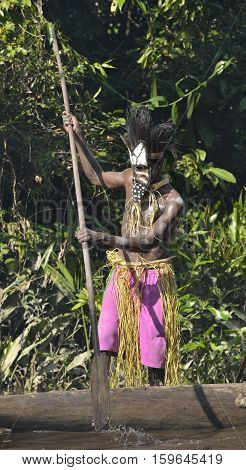 Youw Village, Asmat Region, New Guinea, Indonesia - May 23, 2016: Canoe War Ceremony Of Asmat People