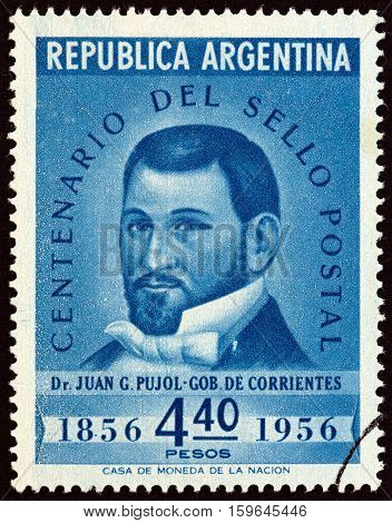 ARGENTINA - CIRCA 1956: A stamp printed in Argentina issued for the Centenary of 1st Argentine Stamps shows Dr. Juan Gregorio Pujol, Governor of the Province of Corrientes, circa 1956.