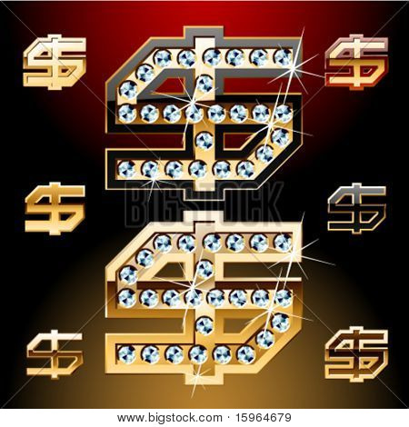 Vektor illustration af dristigste gyldne bogstaver med skinnende diamanter. Dollar symbol