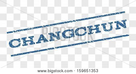 Changchun watermark stamp. Text tag between parallel lines with grunge design style. Rubber seal stamp with dust texture. Vector cobalt blue color ink imprint on a chess transparent background.