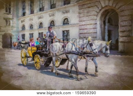 People have a ride in the fiaker and pass the Hofburg in Vienna. The fiaker first was build in the 18 century in the street Rue de Saint Fiacre. Oil painting effect.
