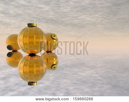 Three golden Christmas balls reflexion - 3D render