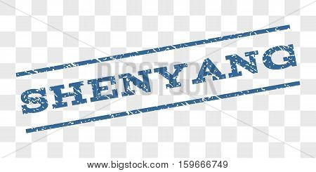 Shenyang watermark stamp. Text caption between parallel lines with grunge design style. Rubber seal stamp with dust texture. Vector cobalt blue color ink imprint on a chess transparent background.