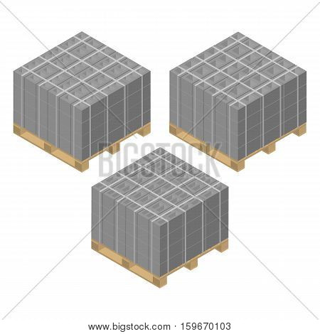 Wooden pallets with various cinder blocks isolated on white background. Building materials design elements. Flat 3D isometric style vector illustration.
