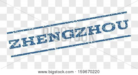 Zhengzhou watermark stamp. Text tag between parallel lines with grunge design style. Rubber seal stamp with dirty texture. Vector cobalt blue color ink imprint on a chess transparent background.