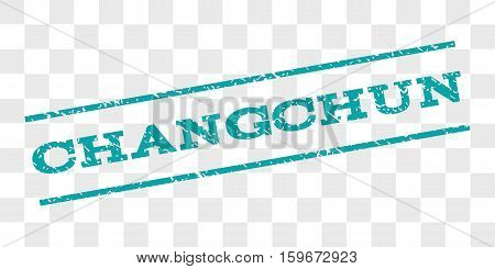 Changchun watermark stamp. Text tag between parallel lines with grunge design style. Rubber seal stamp with scratched texture. Vector cyan color ink imprint on a chess transparent background.