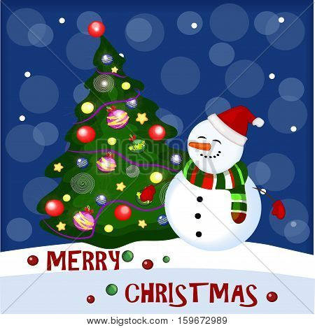merry chrictmas card with tree and smiling snowman