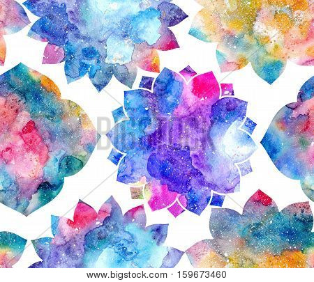Watercolor floral ornament flower silhouette rainbow colorful Indian lotus flowers bright multicolored texture.