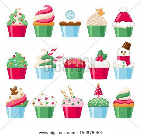 Colorful christmas cupcakes icons set. Sweet holiday bakery. Good for greeting poster banner advertising design.