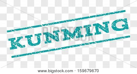 Kunming watermark stamp. Text caption between parallel lines with grunge design style. Rubber seal stamp with scratched texture. Vector cyan color ink imprint on a chess transparent background.