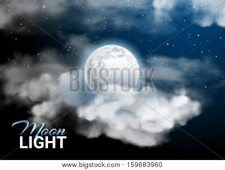 Moonlight night Full Moon. Mystical Night sky Realistic clouds. Clouds and stars. Shining Stars on dark blue sky. Vector illustration background