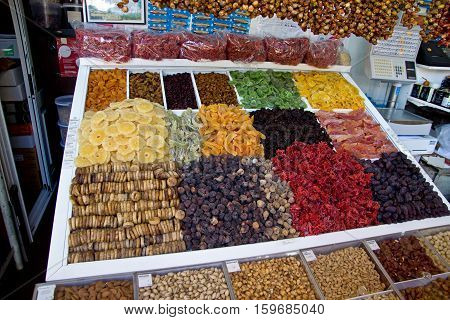 Various colorful candied and crystallized fruits in fruit market on Madeira island