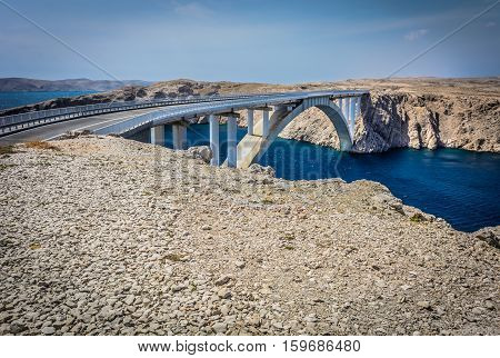 View at famous landmark Pag bridge (Paski most) in Croatia, picturesque road to island Pag - travel destination in Croatia, Europe.