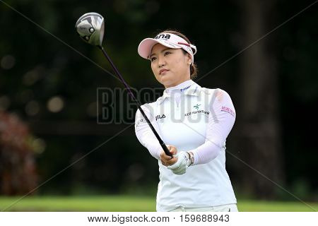 KUALA LUMPUR, MALAYSIA - OCTOBER 29, 2016: So Yeon Ryu of South Korea reacts after her tee off at the TPC Golf Course on Round 3 of the 2016 Sime Darby LPGA Malaysia golf tournament.