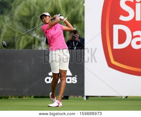 KUALA LUMPUR, MALAYSIA - OCTOBER 29, 2016: Aditi Ashok of India tees off at the TPC Golf Course on Round 3 of the 2016 Sime Darby LPGA Malaysia golf tournament.